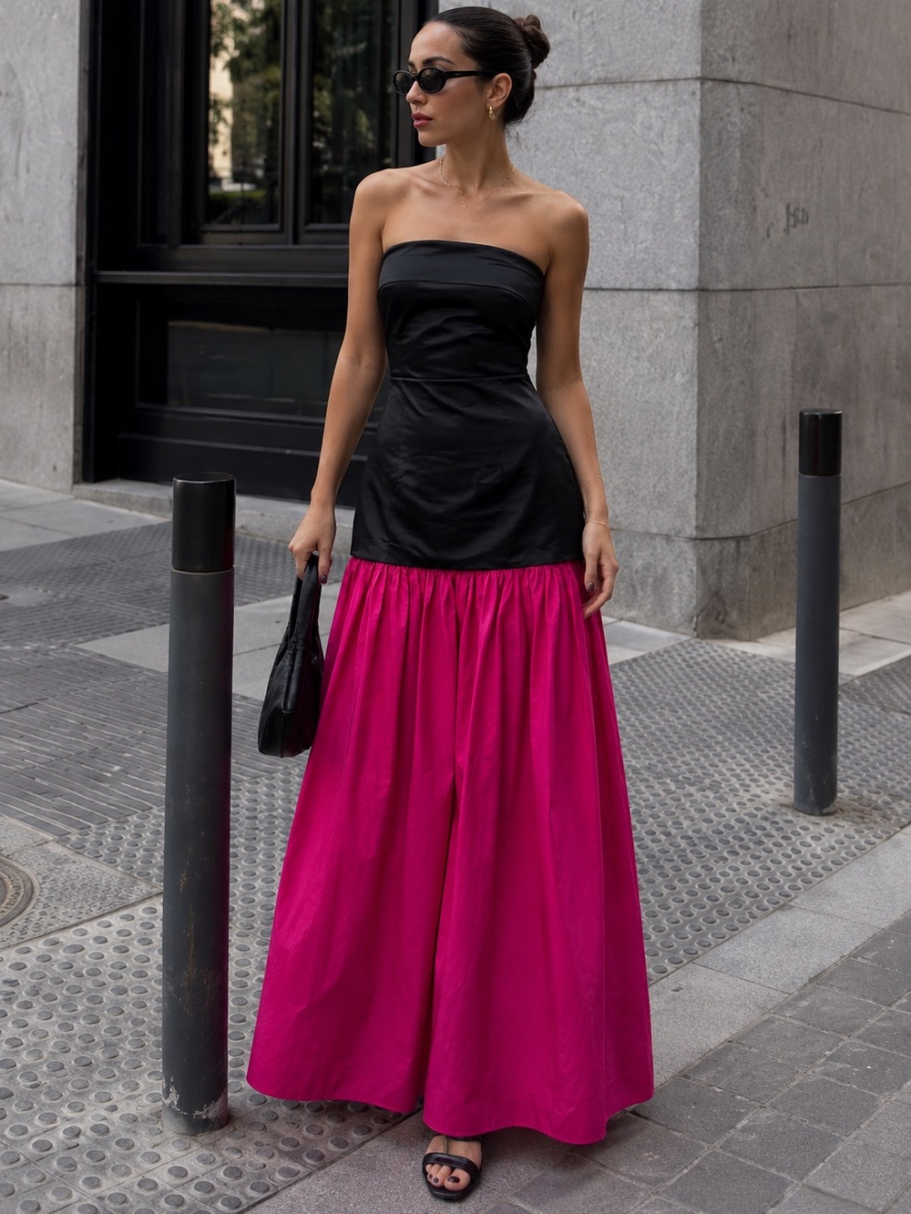 RARE NWT Zara Black Hot Pink Contrast Strapless Maxi Dress XS Wedding Gala Glam